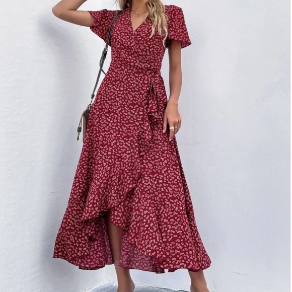 Dresses & Skirts - Floral Ruffle Trim Wrap Dress